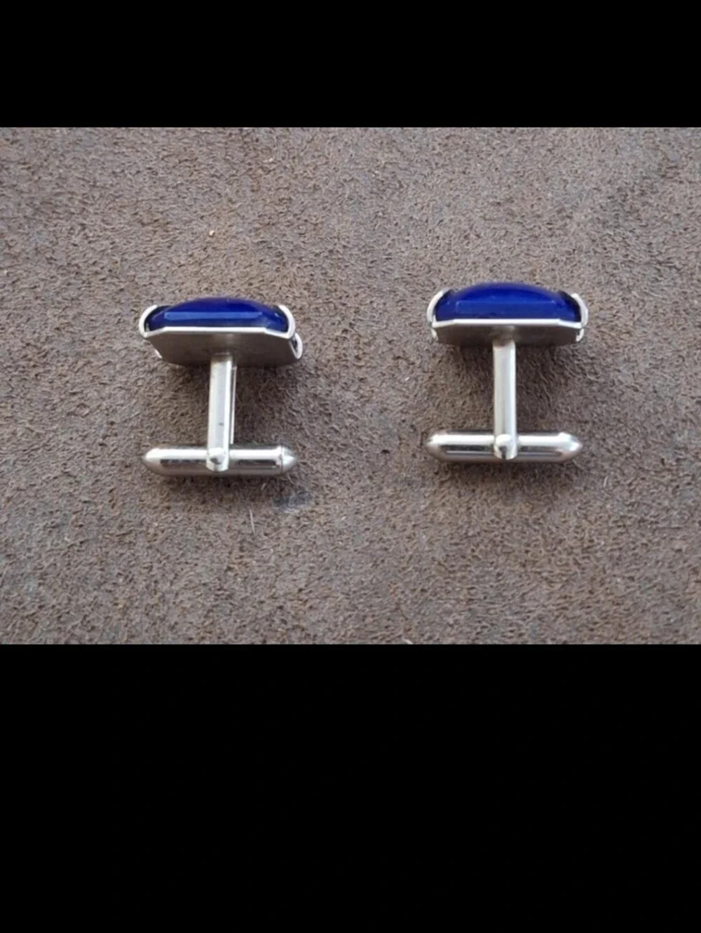 Exquisite Rare HTF Vintage Mid Century Silver Frame Swank Blue Glass Cufflinks